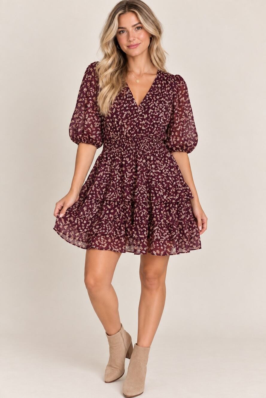 Taylor Floral Chiffon Mini Dress Size 16 Plum Purple Puff Sleeve Tiered